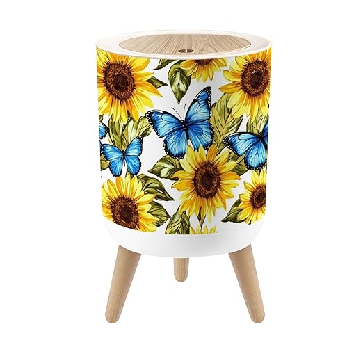 Bathroom Trash Can with Lid Beautiful Seamless Sunflowers Blue Butterflies White Garbage Bin Waste Basket for Kitchen Office Bedroom Decoration Diaper Pail 1.8 Gallon