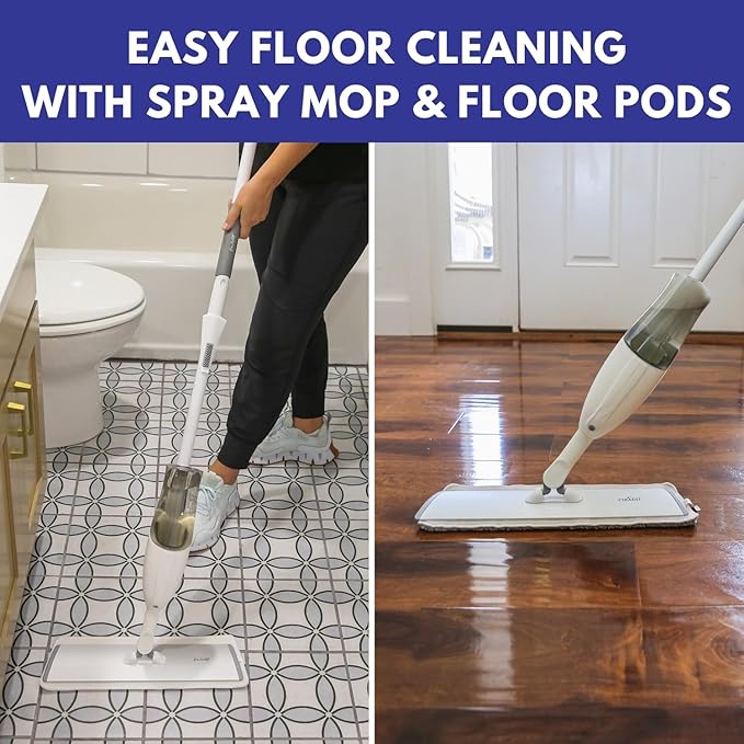 Don Aslett's Spray Mop Plus+ for Floor Cleaning| 360° Rotatable Head | Reusable Microfiber Pad | Rubber Scraper | Refillable | Cleaning Pods | All Floor Types Including Laminate Hardwood Tile