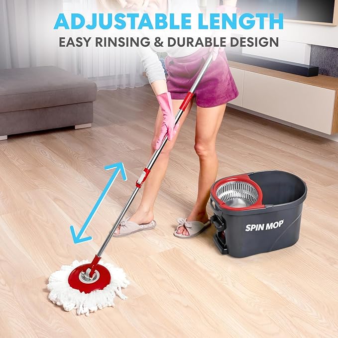 Simpli-Magic 79349 Spin Mop Cleaning System with 3 Microfiber Mop Heads Red/GRAYRed/Black