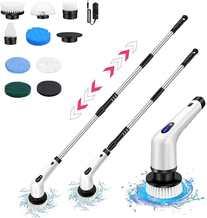 Electric Spin Scrubber Cordless Tub and Tile Scrubber with 10 Replaceable Brush Heads and Adjustable Extension Handle Power Shower Scrubber for Cleaning Bathroom Tub Grout Floor EMD