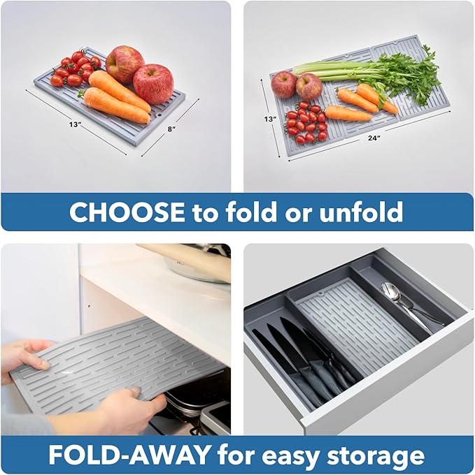 BTH 24 Extra Wide Foldable Dish Drying Mat for Kitchen Countertop Made In Korea Heat-resistant Premium Non-slip Silicone Mat Large Dish Drainer Mat Compact Folding Sink Liner Dishwasher Safe