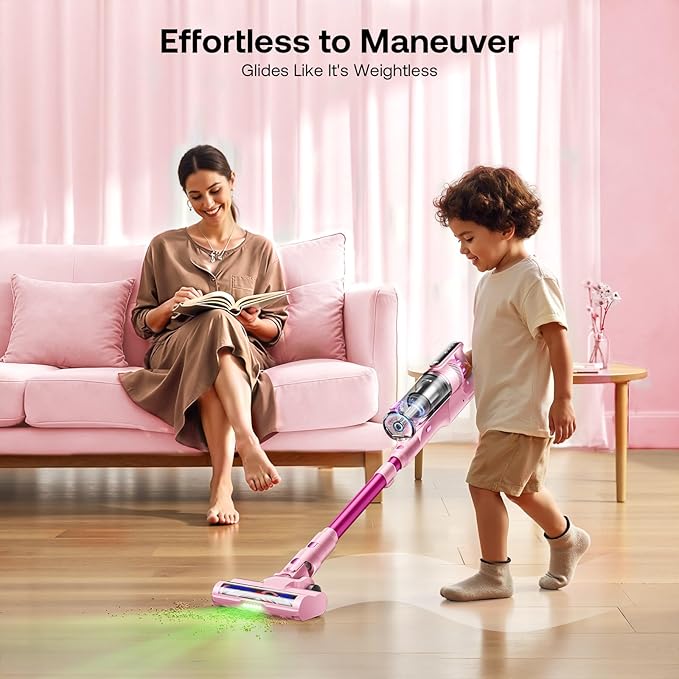 Trucozie Cordless Vacuum Cleaner Self-Standing Lightweight Stick Vacuum with 50 mins Runtime Powerful Suction Anti-Tangle Wireless Vacuum for Home Hardwood Floor Carpet Pet Hair Pink
