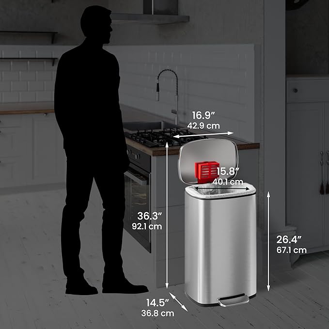 iTouchless SoftStep 13 Gallon Kitchen Trash Can with Lid and Odor Filter Stainless Steel 50 Liter Recycling Bin for Home Office Bedroom Garage Living Room Bathroom Silent Lid Close Slim Wastebasket