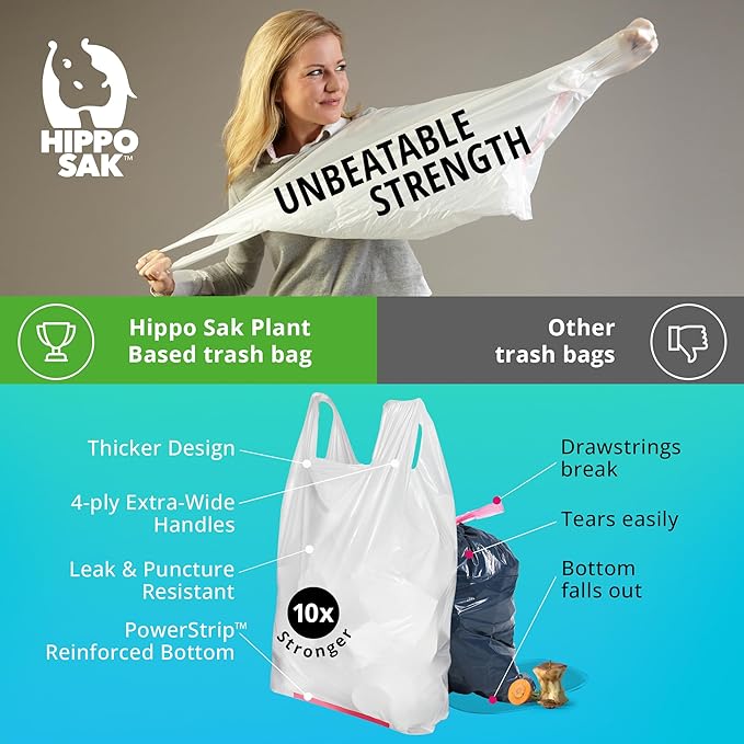 Hippo Sak - Plant Based Tall Kitchen Garbage Bags with Ergonomic Handles - 13 Gallon Trash Bags - Recyclable &amp Reduced Carbon Footprint - Super Strong and Leak Proof Tall Kitchen Trash Bags (45 Co
