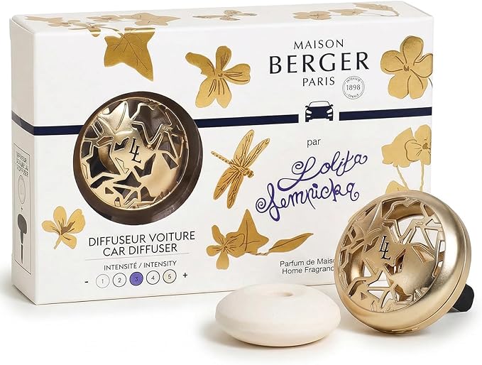 Maison Berger Car Diffuser Set – Refillable Vent Clip Ceramic Refill Made in France - Luxury Auto Scent - 4-Week Diffusion - Elegant Air Freshener for All Car Vents (Lolita Lempicka Satin Gold)