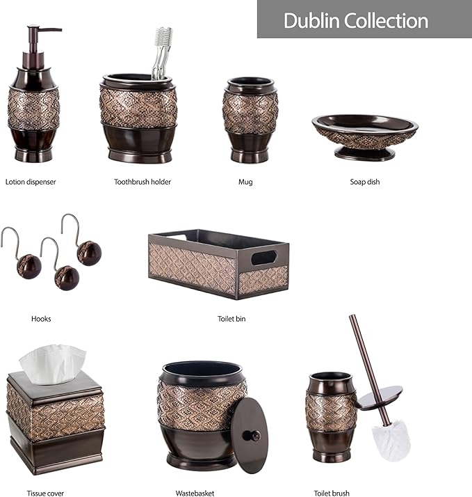 Creative Scents Dublin Brown Bathroom Accessories Set 6-Piece Resin Bathroom Decor Set Includes Toilet Bowl Brush and Holder Tissue Box Cover Soap Dispenser Soap Dish Cup &amp Toothbrush Holder