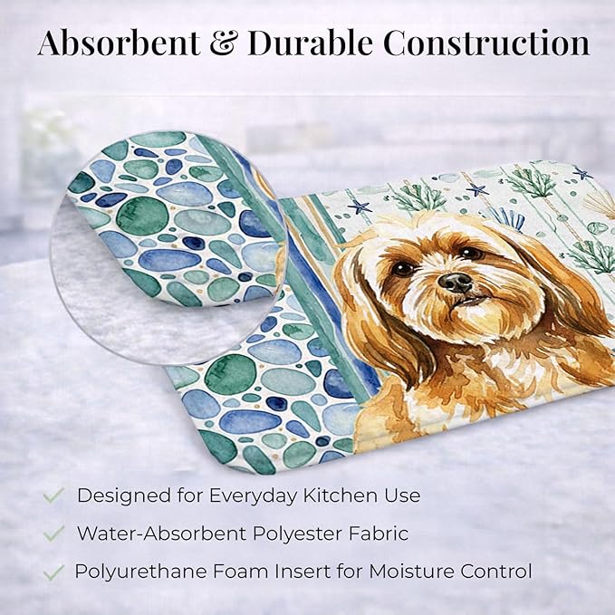 Caroline's Treasures Gold Lhasa Apso Coastal Sea Glass Dish Drying Mat Absorbent Dish Drying Mat Pad for Kitchen Counter Dish Drainer Mat for Countertop 14 x 21 Multicolor