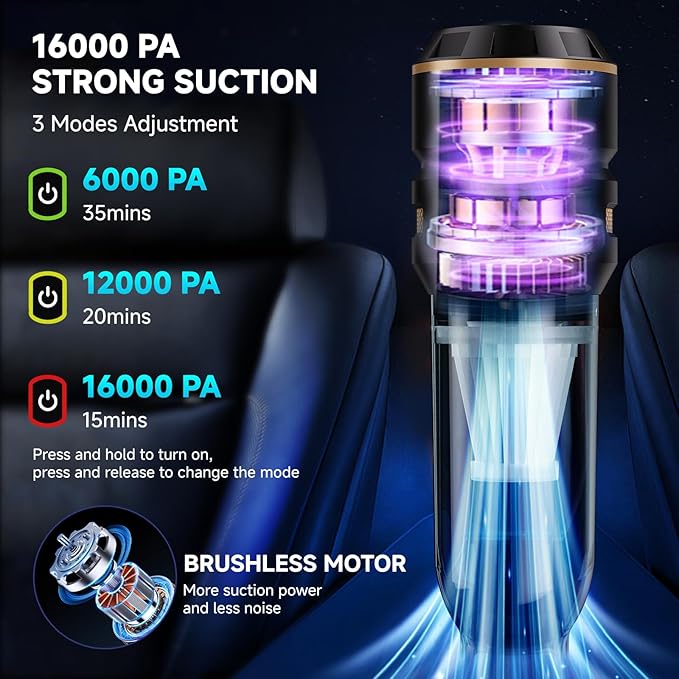 Handheld Vacuum Cordless Car Vacuum Cleaner with Brushless Motor Strong Suction Vacuum &amp Compressed Air Dusters with LED Light Wireless Mini Portable Hand Vacuum Blower for Home Pet (Black)