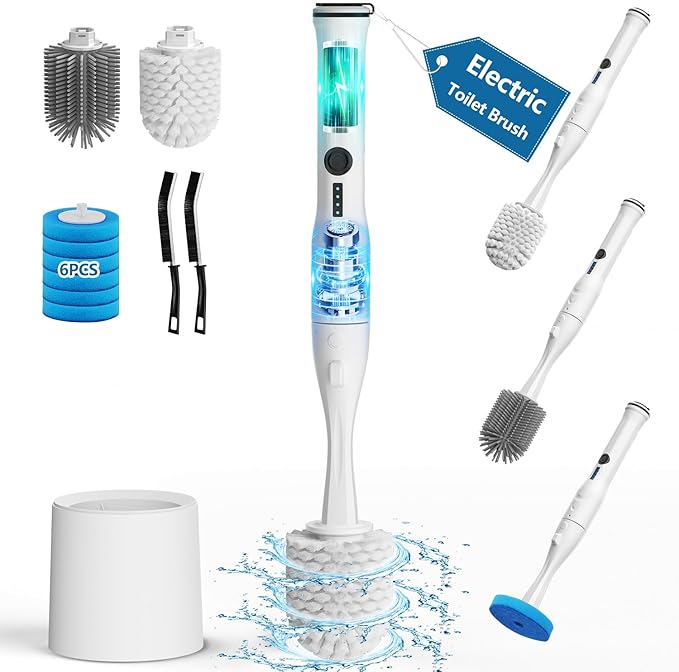 Electric Toilet Brush and Holder Set Leebein 8 in 1 Electric Toilet Bowl Cleaning Kit with 8 Replaceable Brushes Hard Nylon Brush and Soft Silicone Brush 6 Refills Disposable Cleaner Brush