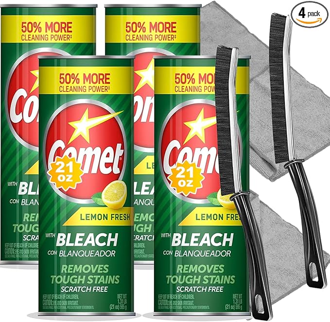 Cleaning Bundle: Comet Lemon Fresh Powder Cleanser with Bleach 21 oz Bottles 4 Pack + 2 Microfiber Cloths + 2 Narrow Brushes