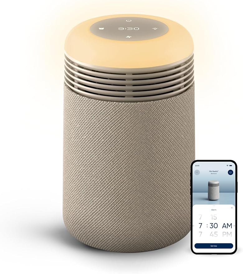 BLUEAIR Purifier for Bedroom - Mini Restful - Sunrise Clock with HEPASilent Filtration and Wake Up Light - Cleans Air and Supports Circadian Rhythm - USB-C and App Connectivity Beige