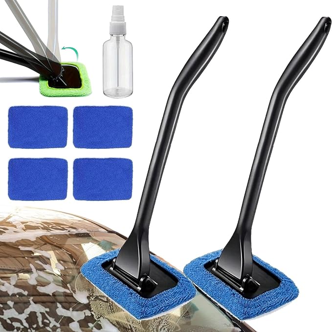 Hicaly Windshield Cleaner Hicaly Car Window Cleaner Windshield Cleaner Tool – for Streak-Free Windows with 4 Washable and Reusable Microfiber Pads (2PCS-Blue)