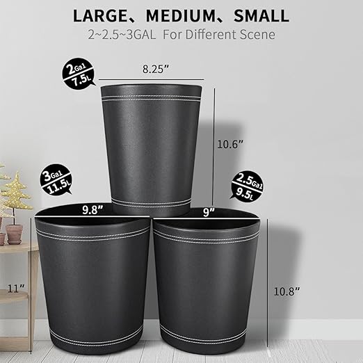 3 Pack Black Round PU Leather WastebasketTrash BasketSmall Trash Can Wastepaper Baskets Garbage Can Container Bins for BathroomsHome DecorativeOfficesKids RoomsBedroom (Black)