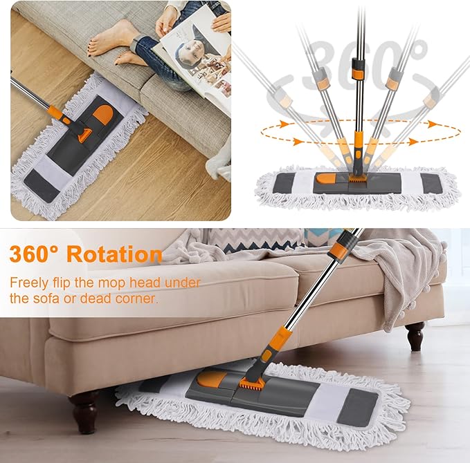 MASTERTOP Dust Mop for Floor Cleaning Microfiber Floor Mop with 2 Washable Pads Height Adjustable Long Handle 26.4'' Dry and Wet Flat Mop for Hardwood Laminate Tile Marble