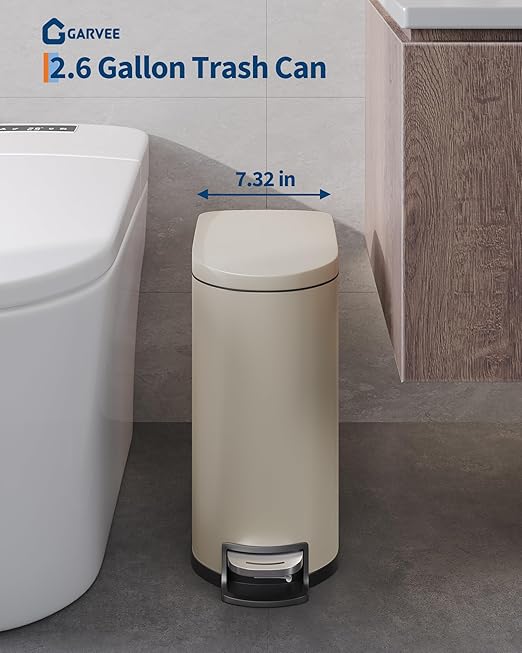 GarveeHome 2.6 Gallon Bathroom Trash Can Space-Saving Slim Stainless Steel Step-On Garbage Bin with Soft Close Lid Removable Inner Bucket for Bathroom &amp Bedroom Sand Beige
