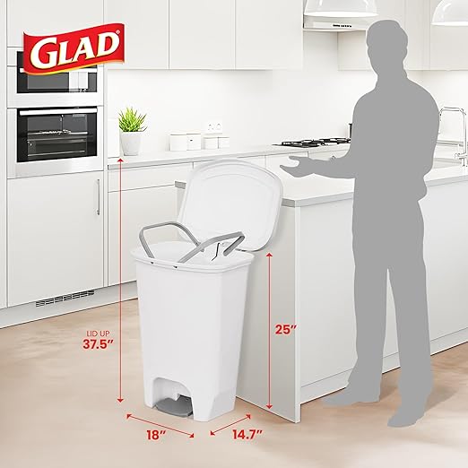 Glad 13 Gallon Trash Can | Plastic Kitchen Waste Bin with Odor Protection of Lid | Hands Free with Step On Foot Pedal and Garbage Bag Rings 13 Gallon White