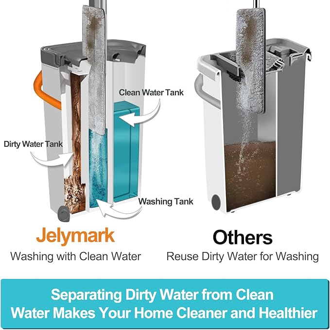 Jelymark Flat Mop and Bucket with Wringer Set Separates Dirty and Clean Water 3-Chamber Mop Wet and Dry Use Not-Hands Squeeze Mops for Floor Cleaning 4 Reusable Microfiber Mop Pads Included