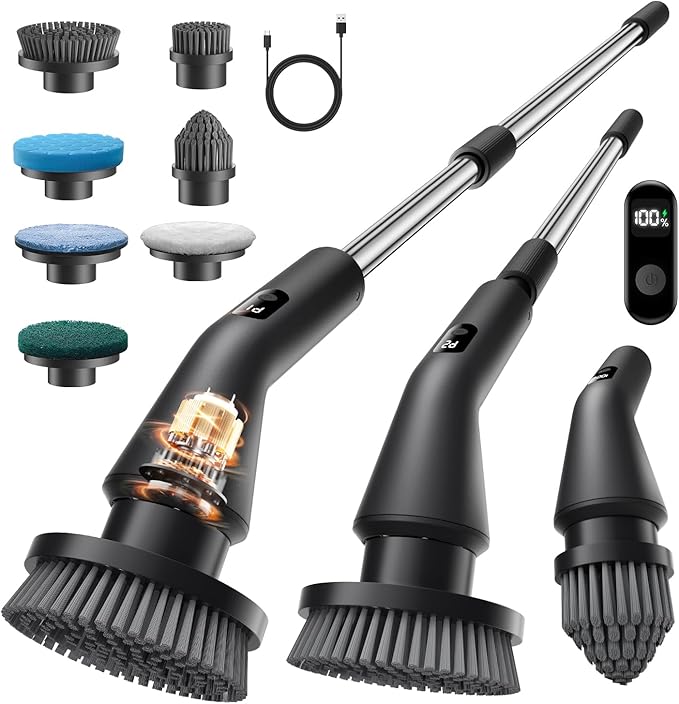 Electric Spin Scrubber Upgraded IPX7 Cordless Cleaning Brush for Bathroom Shower Household Cleaning Scrubber with 7 Brush Heads Adjustable Long Handle and 2 Rotating Speeds for Tub Floor