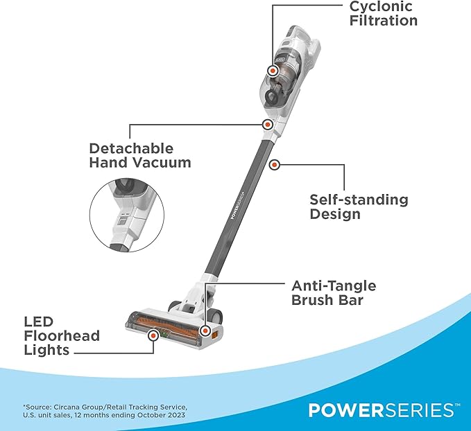 BLACK+DECKER POWERSERIES+ 20V MAX Cordless Stick Vacuum Cleaner with LED Floor Lights Bagless Lightweight Cordless Vacuum Cleaners for Home Up to 44 Minutes Powerful Suction Gray (BHFEA520J)