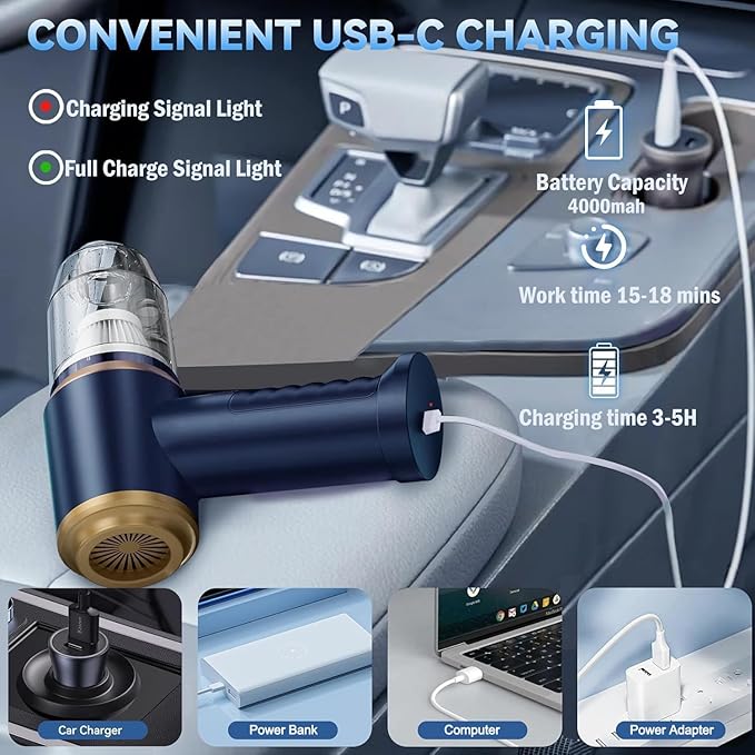 Car Vacuum Cleaner Cordless 120W high Power Portable Mini Vacuum with 12000Pa Hand Held Vacuum Strong Suction Electric Compressed Air Duster Blower for Car Desk Keyboard Home