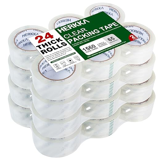 HERKKA Clear Packing Tape 24 Rolls Heavy Duty Packaging Tape for Shipping Packaging Moving Sealing Thicker Clear Packing Tape 2 inches Wide 65 Yards Per Roll 1560 Total Yards