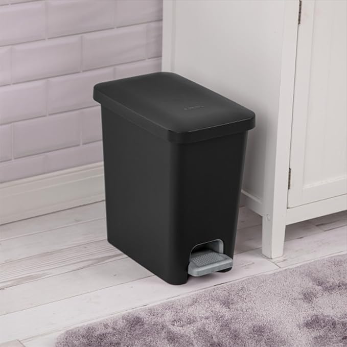 Sterilite 2.7 Gallon Rectangular StepOn Wastebasket with Lid Small Plastic Trash Can for the Bathroom Bedroom or Home Office Pedal and Liner Black 2-Pack