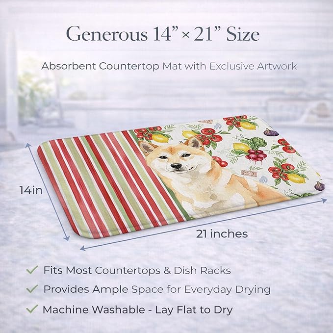 Caroline's Treasures Cream Shiba Inu Vegetables Dish Drying Mat Absorbent Dish Drying Mat Pad for Kitchen Counter Dish Drainer Mat for Countertop 14 x 21 Multicolor