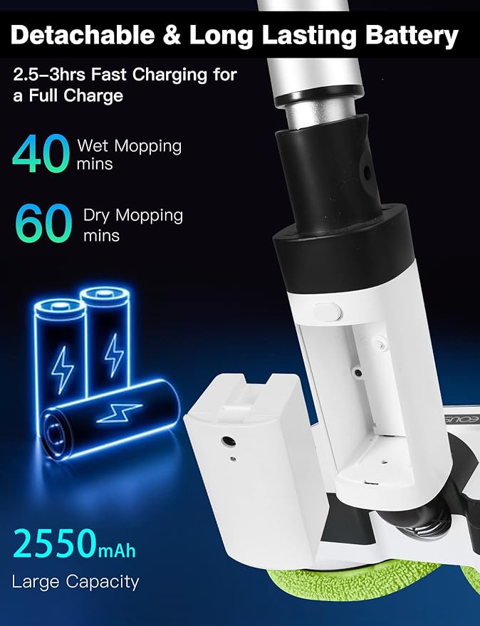 Cordless Electric Mop Floor Cleaner with LED Headlight &amp Water Sprayer Up to 60 Mins Detachable Battery Dual-Motor Powerful Spin Mop 300ML Water Tank for Multi-Surface Self-Propelled
