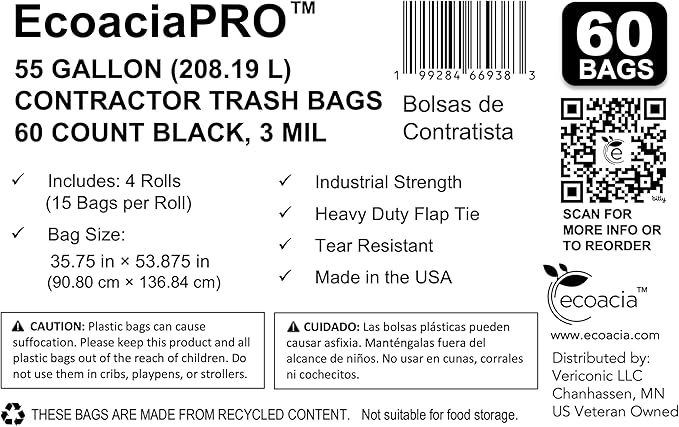 PRO XL 55-Gallon Contractor Extra Tough Heavy Duty Trash Bags (60-Count 3 Mil) – 4 Rolls of 15 in Bulk Box – Industrial Strength for Job Sites and Yard Cleanup – Made in the USA