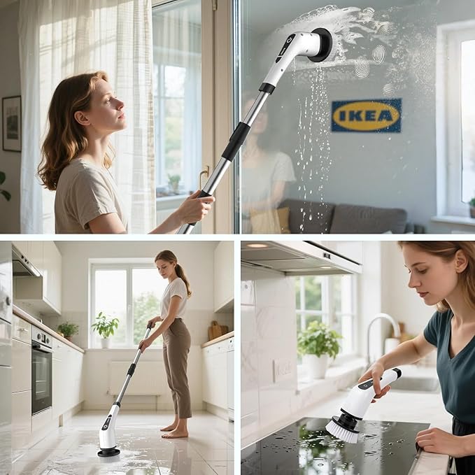 Electric Spin Scrubber Cordless Bath Tub Power Scrubber with Long Handle &amp 7 Replaceable Heads Detachable as Short Handle Shower Cleaning Brush Household Tools for Bathroom &amp Tile Floor