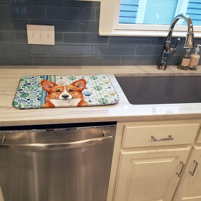 Caroline's Treasures Red Cardigan Welsh Corgi Coastal Sea Glass Dish Drying Mat Absorbent Dish Drying Mat Pad for Kitchen Counter Dish Drainer Mat for Countertop 14 x 21 Multicolor