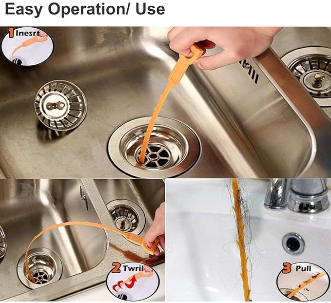 Snake Hair Drain Clog Remover Cleaning Tool Hair Drain Clog Remover and Removal Opener Sink and Bathtub 20.5 Inch Orange Set of 5