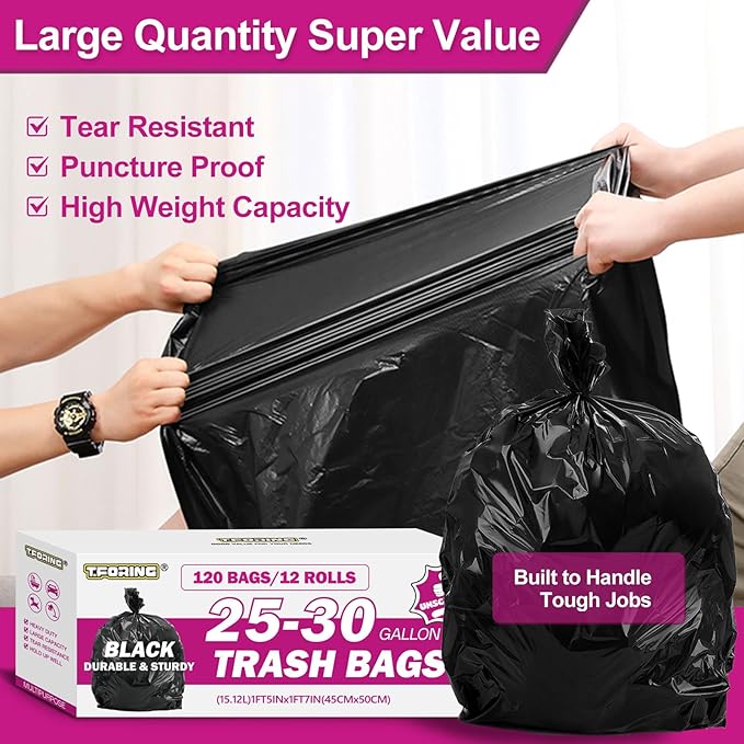 25-30 Gallon Trash Bags Black 120 Count - 32 x 36 Large Kitchen Garbage Bags 20+ Gallon Trash Can Liners Unscented Multipurpose for Home Office Daily Household Use