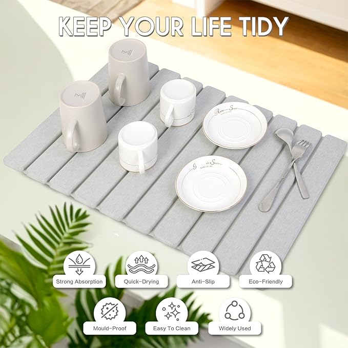 BoxedHome Large Stone Dish Drying Mat for Kitchen Counter Foldable Diatomaceous Earth Water Absorbing Mat Bottles Cups 24(L)×16(W) Light Gray