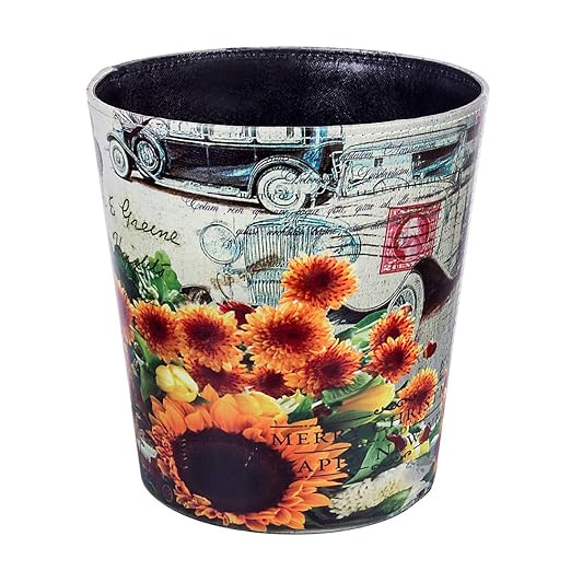 Leather Trash Can Retro Decorative Waste Basket 10L Capacity Small Waste Paper Basket Waterproof Garbage Can for Bathroom Bedroom Office Kitchen and Living Room - Sunflower