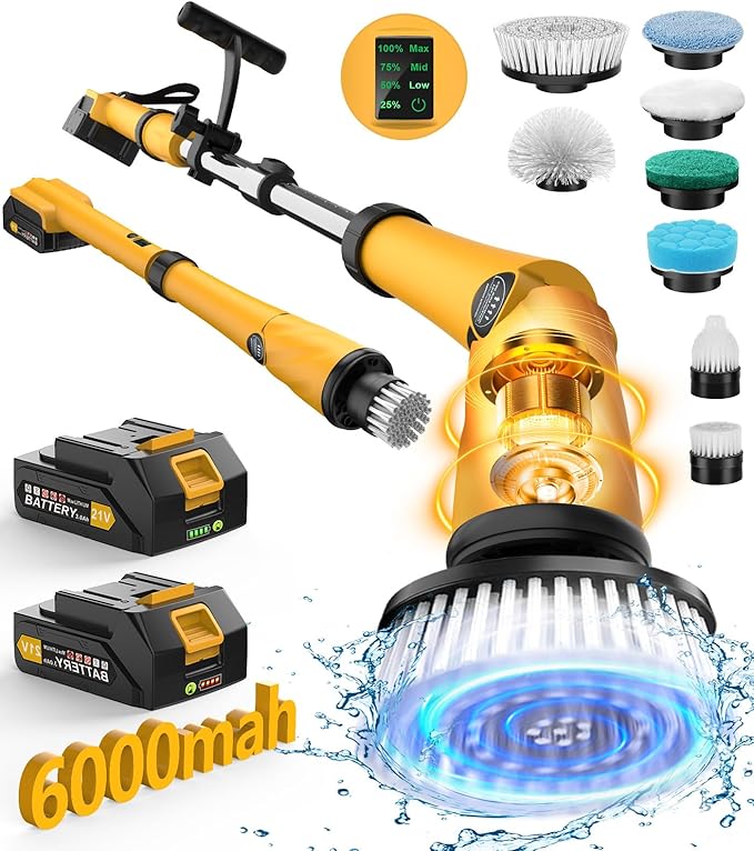 Qimedo Electric Spin Scrubber Extra Large Brush Q36000 mAh Best Battery Power Scrubber for Cleaning1200RPM Shower Cordless Cleaning Brush with 8 Brushes for Bath/Tub/Tile/Floor (Smart Display)
