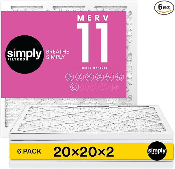 Simply 20x20x2 Air Filter MERV 11 6 Pack Furnace Air Filter for HVAC (Actual Size: 19.5x19.5x0.75) DUST Pet &amp Allergy Control