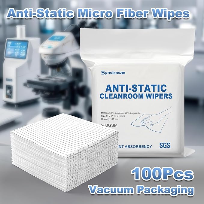 Anti-Static Microfiber Wipes 6x6(100 PcsClass 100 200GSM) Lint Free Cloths Reusable Special ESD Protection Design is Suitable for Protecting Sensitive Electronic Components and Tools