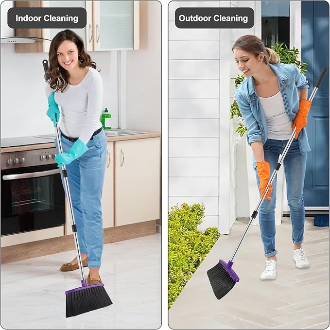 Broom and Dustpan Set 51 Long Handle Broom with Dustpan Combo Set Windproof and Self-Cleaning Teeth Purple Household Dust Pan Set Sweep Kitchen Office Lobby Pet Room