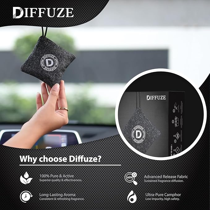 DIFFUZE Camphor Bag Pro | 4-in-1 Luxury Air Freshener for Car &amp Home | Grey Jute Bag with Herbs Lavender Sandalwood &amp Charcoal | Long Lasting Natural Car Perfume &amp Air Purifier