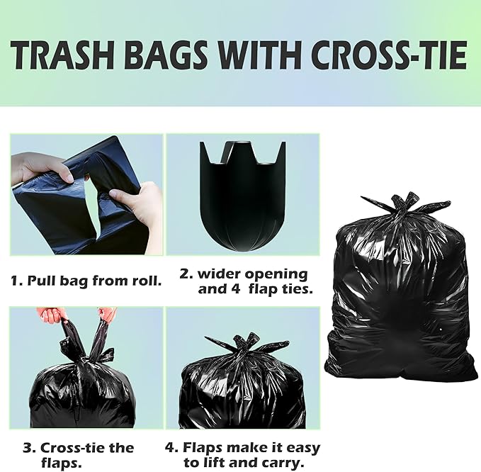 55-60 Gallon Trash Bags Heavy Duty 60 Count Bulk with 4 Innovative Flap Ties | Compatible with Rubbermaid Brute &amp Winco &amp Behrens 55-60 Gallon Round Trash Can | Tear &amp Leak Resistant Black