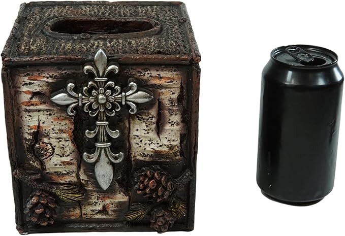 Ebros Gift Rustic Southwestern Inspirational Le Fleur Cross with Birch and Pinecones Bathroom Accessory Resin Sculpture Fleur De Lis Accent (Tissue Box Holder Case)