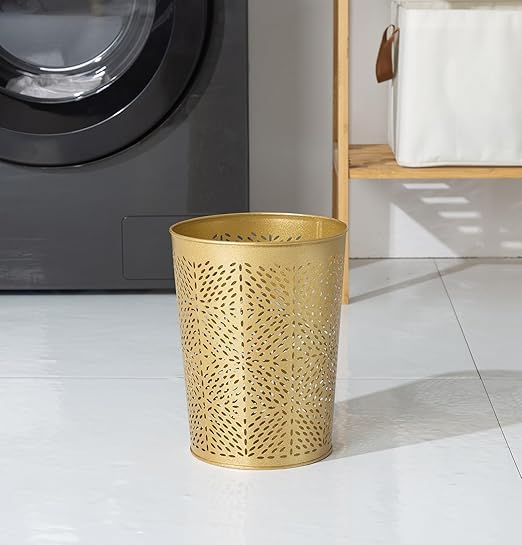 Small Gold Metal Trash Can Wastebasket Decorative Hollow-Out Garbage Can Waste Paper Bin Modern Farmhouse Round Trash Bin for Bathroom Bedroom Kitchen and Office (Floral)