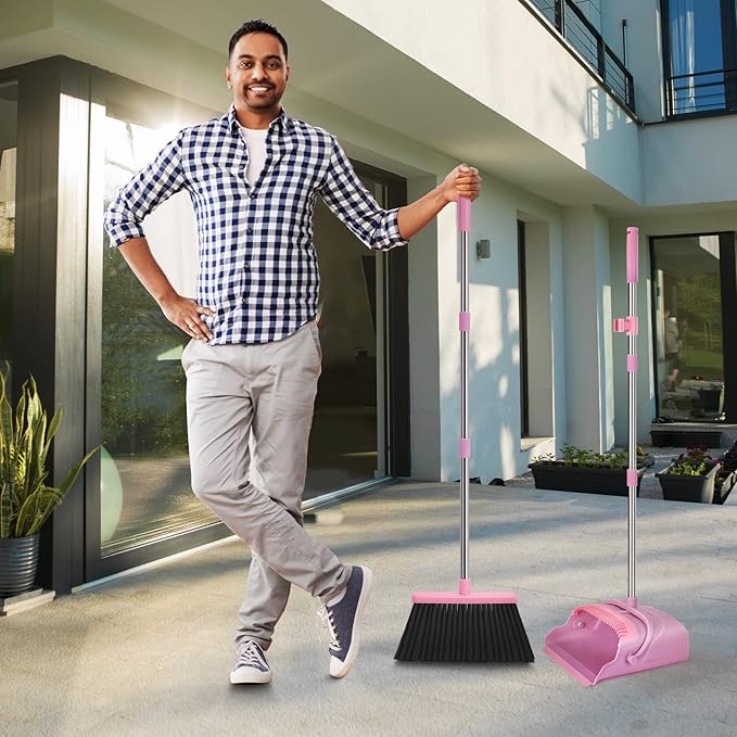 kelamayi Broom and Dustpan Set for Home Office Indoor&ampOutdoor Sweeping Stand Up Broom and Dustpan (Pink)