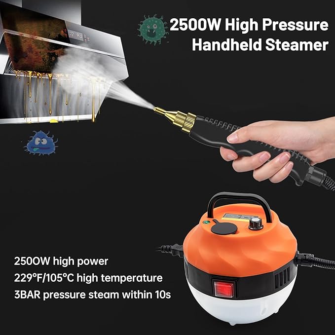 2500W Domestic High Pressure Handheld Steam Cleaner with 3 Brush Heads Portable Grout Steamer for Cleaning Upholstery Kitchens Bathrooms and Hard Surfaces