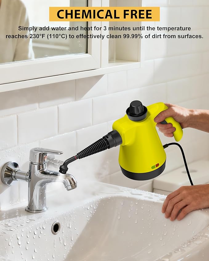 Steam Cleaner - Handheld Steam Cleaner with 12Pcs Accessories &amp Safety Lock Pressurized Handheld Steam Cleaner for Home Tile Windows Bathrooms Kitchens Grease Car Yellow
