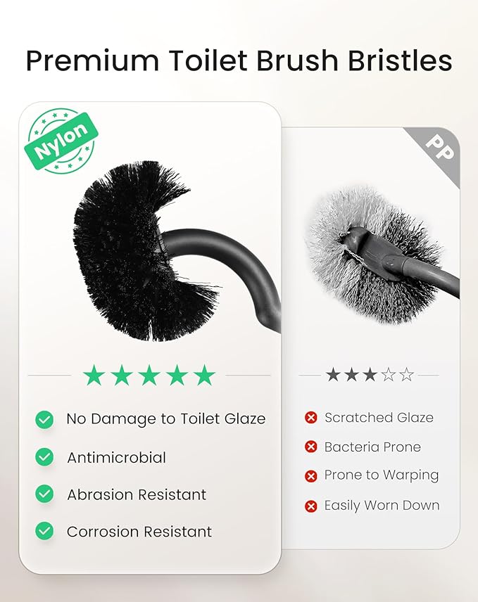Cesun Toilet Brush and Holder Set - Curved Design Toilet Brush for Deep Cleaning Under Rim 304 Stainless Steel Toilet Bowl Brush and Holder for Bathroom Rv Black(2 Replaceable Brush Head Included)