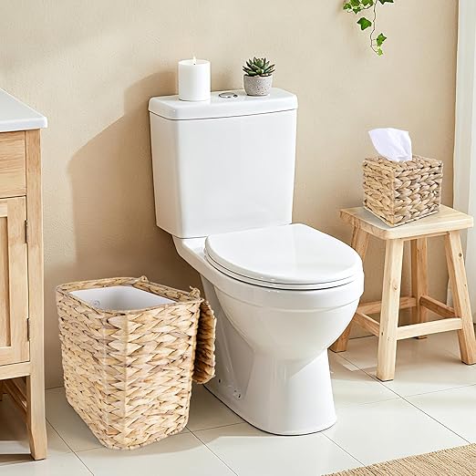 Wicker Trash Can and Handwoven Tissue Box Cover Set Rattan Waste Basket with Lid and Liner Boho Decorative Water Hyacinth Square Napkin Box Holder for Bathroom Bedroom Kitchen Living Room