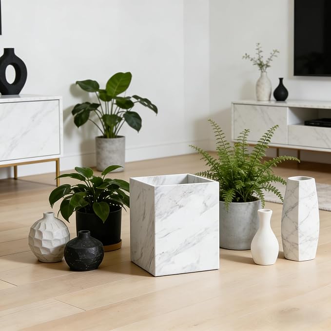Modern Square White Marble Waste Basket Natural Stone Bathroom Trash Can Decorative Home Garbage Container Beautiful Marble Look Rubbish Bin for Bathroom Bedroom Kitchen Home Office