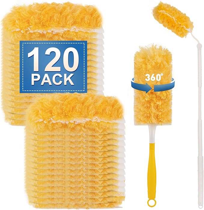 Heavy Duty Duster Refills Disposable Dusters Kit for Cleaning Dusting Furniture Blind Ceiling Fan Multi Surface 360 Feather Duster(120)+3FT Extended Handle +1 Handle